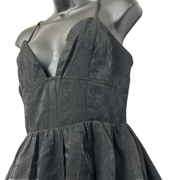 STORIA Women’s Sz S Black Jacquard Mini Dress Spaghetti Strap Bubble Hem Shimmer - Picture 5 of 15